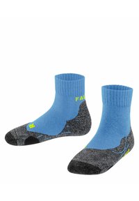 Calcetines azules y grises con puños acanalados, suelas acolchadas y un patrón que presenta un logo prominente en amarillo, diseñados para la comodidad y la durabilidad.