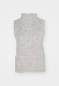 Maglione senza maniche color grigio chiaro con collo alto, in un texture a coste, che mette in mostra un tessuto morbido e un design aderente.