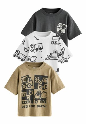 Three short-sleeve children's t-shirts: grey with dump truck graphic, white with construction vehicle prints, and khaki with bold designs.