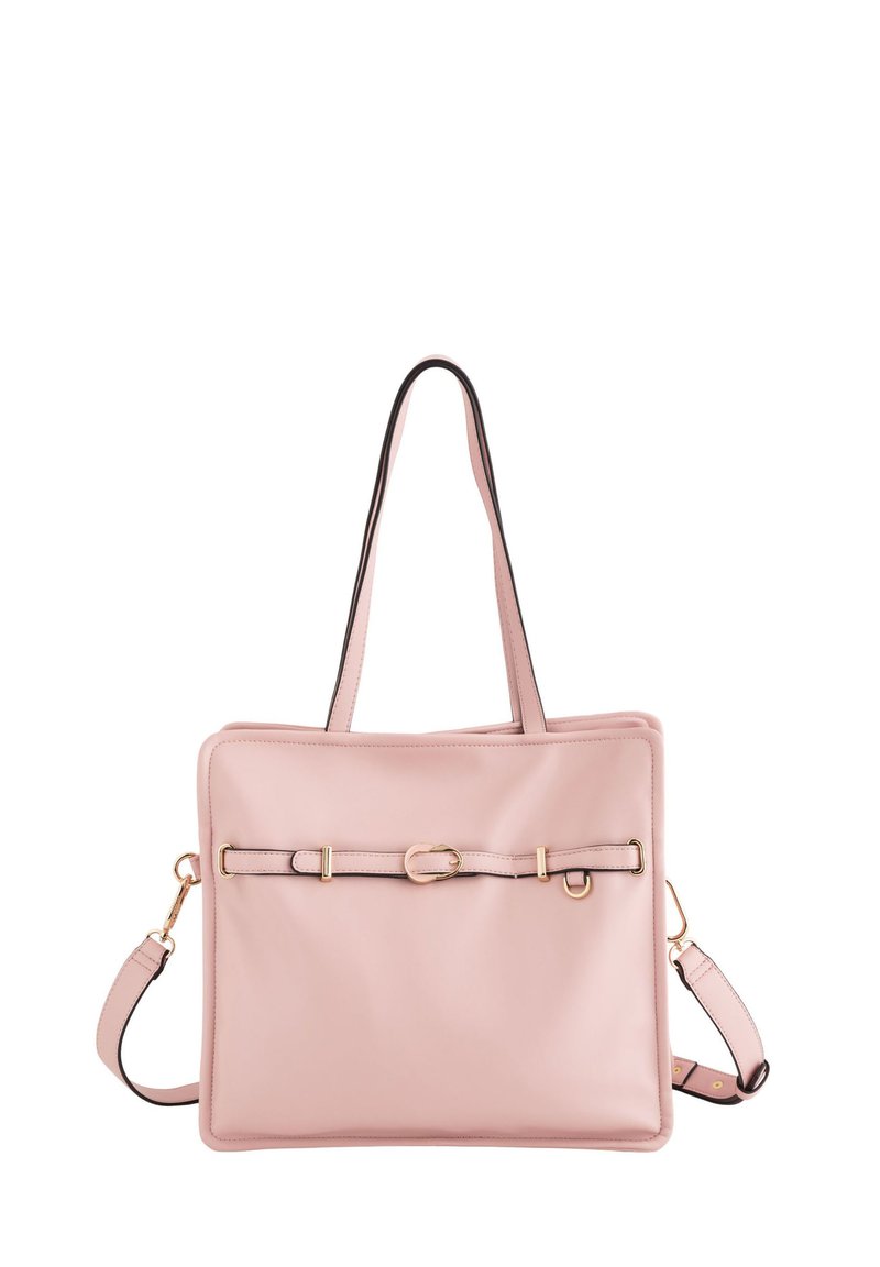 Rosa læder tote taske med firkantet form, sort trim, dobbelte top-håndtag og guld hardware detaljer, herunder et spænde-lignende design.
