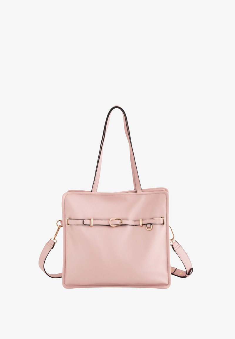 Rosa læder tote taske med firkantet form, sort trim, dobbelte top-håndtag og guld hardware detaljer, herunder et spænde-lignende design.