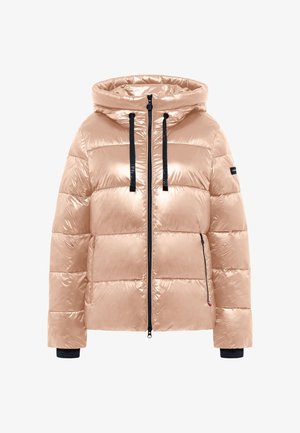 Gewatteerde pufferjas in glanzend lichtroze met een capuchon, ritssluiting aan de voorkant en zwarte trekkoorden. Voorzien van zijzakken en ribgebreide manchetten.