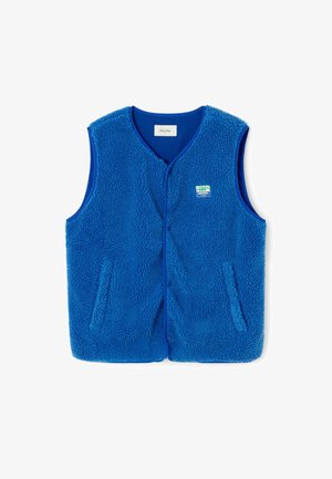 Zils bezroku flīsa vestes ar priekšējiem sprādzēm, divām sānu kabatām un mazu taisnstūra formu uzšuvumu krūtīs.