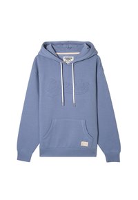 Felpa in cotone blu con logo impresso, coulisse, tasca frontale e polsini e orlo a costine. Tessuto liscio con design informale.