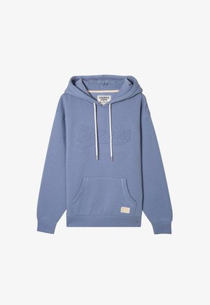 Hoodie en coton bleu avec un logo embossé, cordon de serrage, poche avant et poignets et ourlet côtelés. Texture lisse avec un design décontracté.