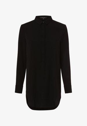 Czarna sukienka koszulowa z długim rękawem, z ostrym kołnierzem, ukrytym zapięciem na guziki i zaokrąglonym dołem, rozmiar 36.