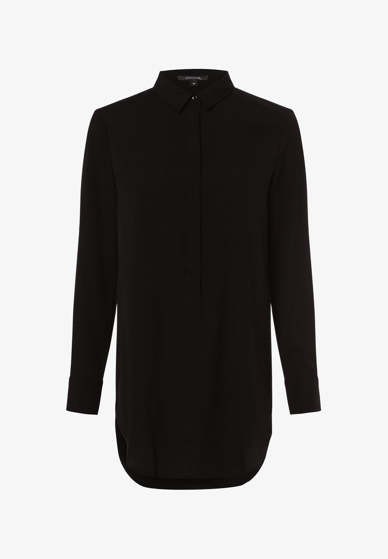 Robe-chemise noire à manches longues avec col pointu, patte de boutonnage dissimulée et ourlet arrondi, taille 36.