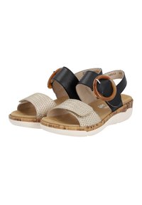 Sandali neri in pelle con una fascia intrecciata beige, suola in sughero e grandi dettagli circolari marroni sulle fasce, design open-toe.
