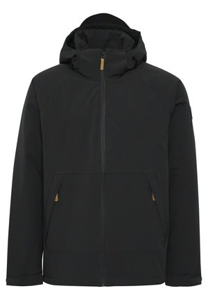 Svart hettejakke med frontglidelås og to sidelommer. Har en jevn tekstur og subtile brune detaljer på glidelåsene.