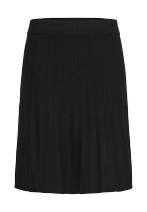 Črna plisirana krila z rebrastim pasom, izdelana iz mehkega materiala. Plisovi so enakomerno razporejeni, kar ustvarja strukturirano površino.