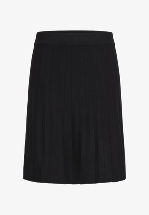 Črna plisirana krila z rebrastim pasom, izdelana iz mehkega materiala. Plisovi so enakomerno razporejeni, kar ustvarja strukturirano površino.