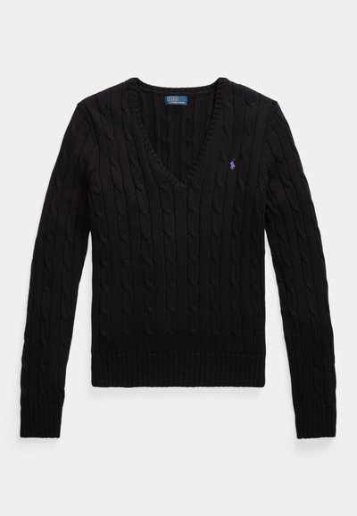 Črni pulover z vzorcem pletenja v obliki kabla, z V-izrezom, dolgimi rokavi in majhnim vijoličnim vezenim logotipom Polo na levi strani prsnega koša.