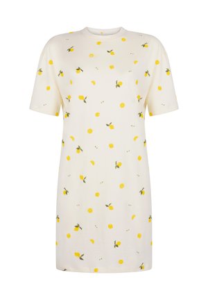 Roomwitte jurk met korte mouwen en een verspreide print van citroenen en bladeren. Zacht materiaal, relaxte pasvorm en ronde halslijn.