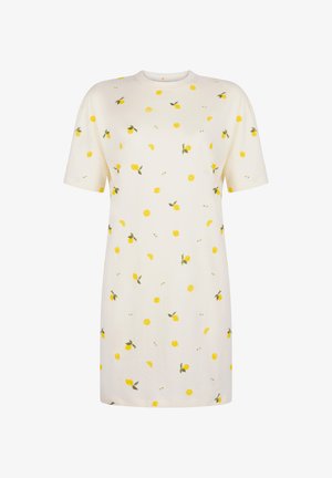 Cremefarbenes Kurzarmkleid mit verstreutem Zitronen- und Blattprint. Weiches Material, lockere Passform und rundem Ausschnitt.