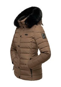 Brown padded jacket with a detachable black faux fur hood, snap and zip closures, ribbed cuffs, and side pockets. Textured fabric with horizontal seams.