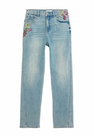 Világoskék farmernadrág magas derékkal, egyenes szárakkal és virágos hímzéssel mindkét elülső zseb mellett.