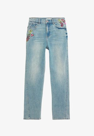 Világoskék farmernadrág magas derékkal, egyenes szárakkal és virágos hímzéssel mindkét elülső zseb mellett.