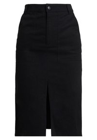 Musta puuvillainen kynähame, jossa edessä halkio, kaksi etutaskua ja yksittäinen nappikiinnitys. Sileä pinta ja räätälöity muotoilu.