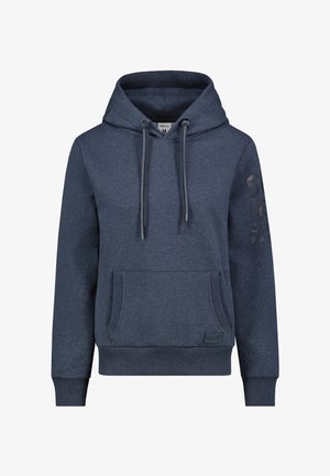 Kapuzensweatshirt aus dunkelblauem Stoff, mit einer Vorderasche, Kordelzug und Logodetail am Ärmel. Weiche Textur, gerippte Bündchen.