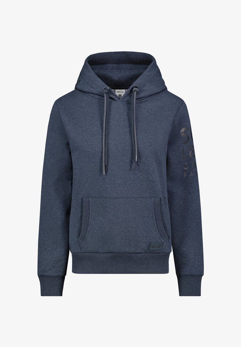 Hooded sweatshirt in dark blue fabric, featuring a front pocket, drawstring, and logo detail on the sleeve. Soft texture, ribbed cuffs.