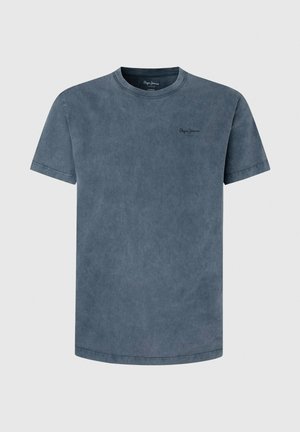Donkerblauwe katoenen T-shirt met een ronde hals, korte mouwen en een subtiele logo op de borst. Zachte textuur met een vervaagde wassing.