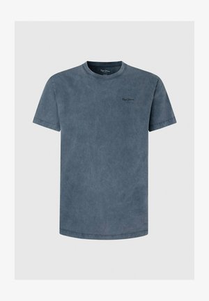 Tume sinine puuvillane T-särk ümmarguse kaelusega, lühikeste varrukatega ja diskreetse logoga rinnal. Pehme tekstuur ja pleekinud pesu efekt.