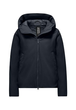 Giacca imbottita blu navy con zip frontale, grande cappuccio e tasche laterali. Presenta un design elegante e una texture esterna liscia.