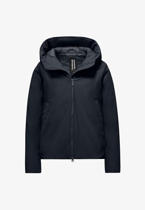 Giacca imbottita blu navy con zip frontale, grande cappuccio e tasche laterali. Presenta un design elegante e una texture esterna liscia.