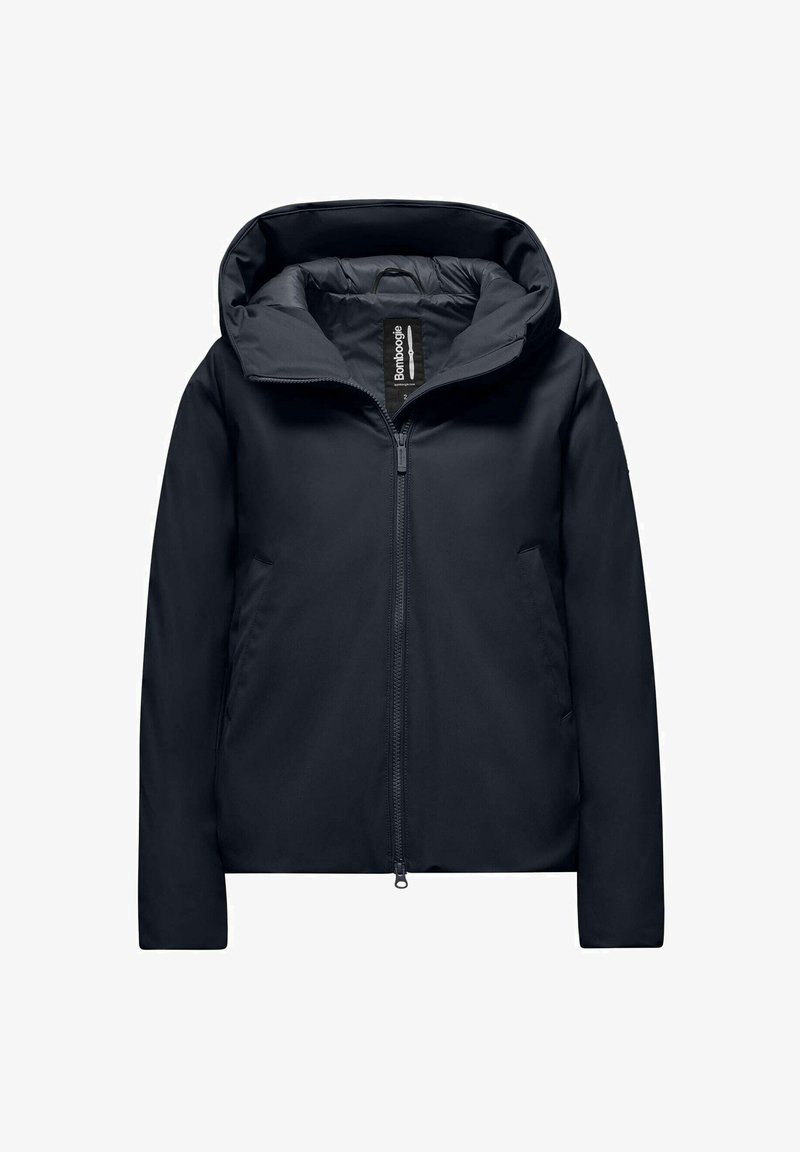 Giacca imbottita blu navy con zip frontale, grande cappuccio e tasche laterali. Presenta un design elegante e una texture esterna liscia.