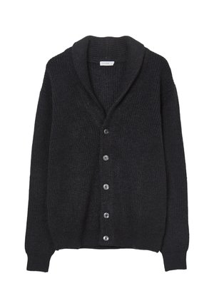 Cardigan en tricot noir avec col châle et cinq boutons noirs sur le devant, manches longues, poignets et ourlet côtelés.