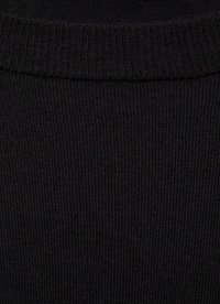Black knitted sweater with a ribbed texture and a crew neckline, featuring a smooth finish and uniform color throughout.