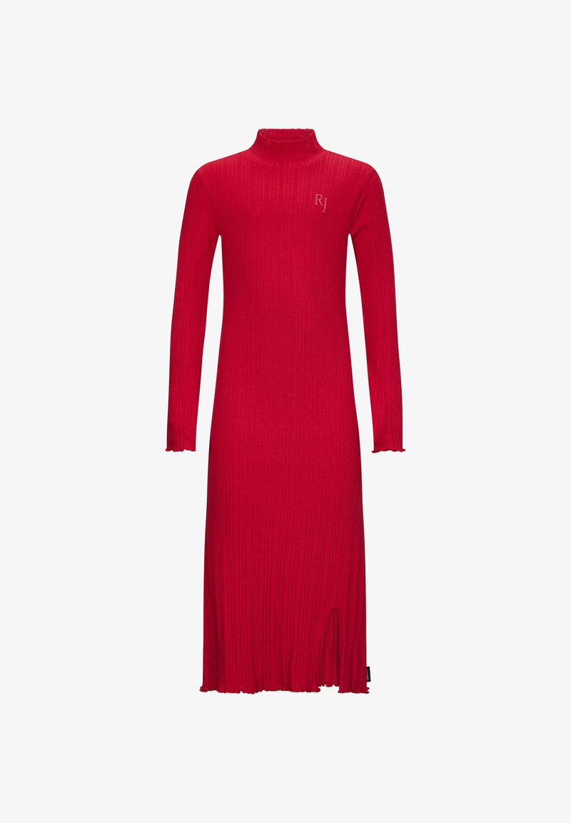 Abito a maglia rosso a coste con collo alto, maniche lunghe e uno spacco laterale. Presenta un logo ricamato 'RJ' sul petto e orli delle maniche arricciati.