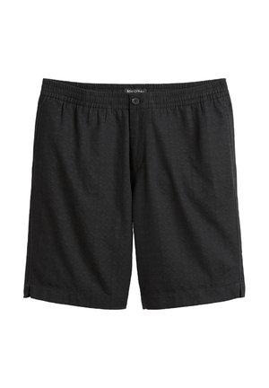 Black shorts made of lightweight fabric, featuring an elastic waistband, a single button closure, and a subtle geometric pattern.