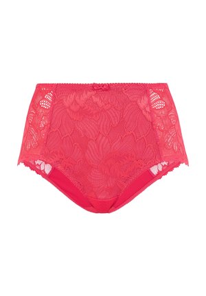 Culotte pour femme taille haute en dentelle rose vif avec motifs floraux et bords festonnés.