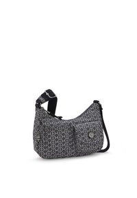 Borsa a spalla in tessuto monocromatico caratterizzata da un motivo geometrico, due tasche frontali, tracolla regolabile e accessori decorativi.