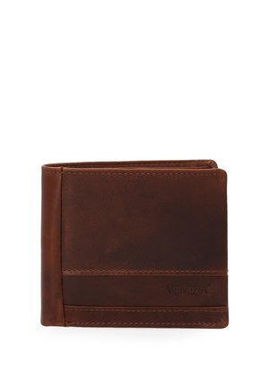 Brauner Leder-Bifold-Geldbeutel mit glatter Textur, dezenten Nähdetails und geprägtem Logo auf der Vorderseite. Klassisches rechteckiges Design.