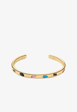 Bracelet rigide en métal doré avec des pierres précieuses colorées—vert, bleu, rose et violet—intégrées dans un design lisse et élégant.