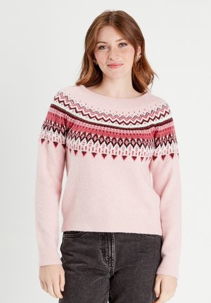 Rosa Strickpullover mit einem gemusterten Schulterbereich in Rot-, Weiß- und Brauntönen, Rundhalsausschnitt und gerippten Bündchen.