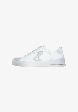 Weißer Sneaker mit einem Obermaterial aus glattem Leder, metallischen Akzenten und runder Zehenform. Verfügt über eine strukturierte Gummisohle und ein Schnürdesign.
