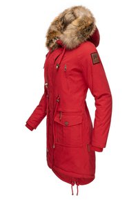 Rode parka jas met een faux fur-voering in de capuchon, verstelbare trekkoord in de taille en meerdere zakken. Voorzien van bruine hardware en geribde manchetten.