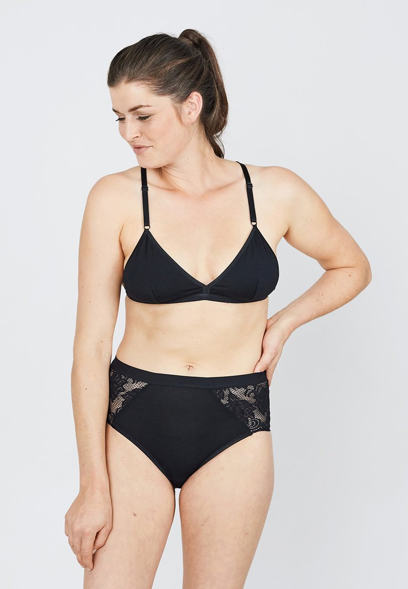 Black lingerie set featuring a triangular bralette with adjustable straps and high-waisted briefs with lace detailing on the sides.