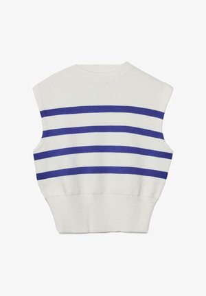 Bela pletena majica brez rokavov s tremi vodoravnimi modrimi črtami čez prsni koš in rebrastim robom na pasu.