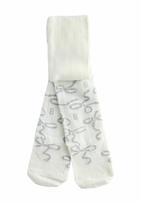 Pantis blancas con patrones en escritura cursiva gris, dobladas sobre un fondo blanco.