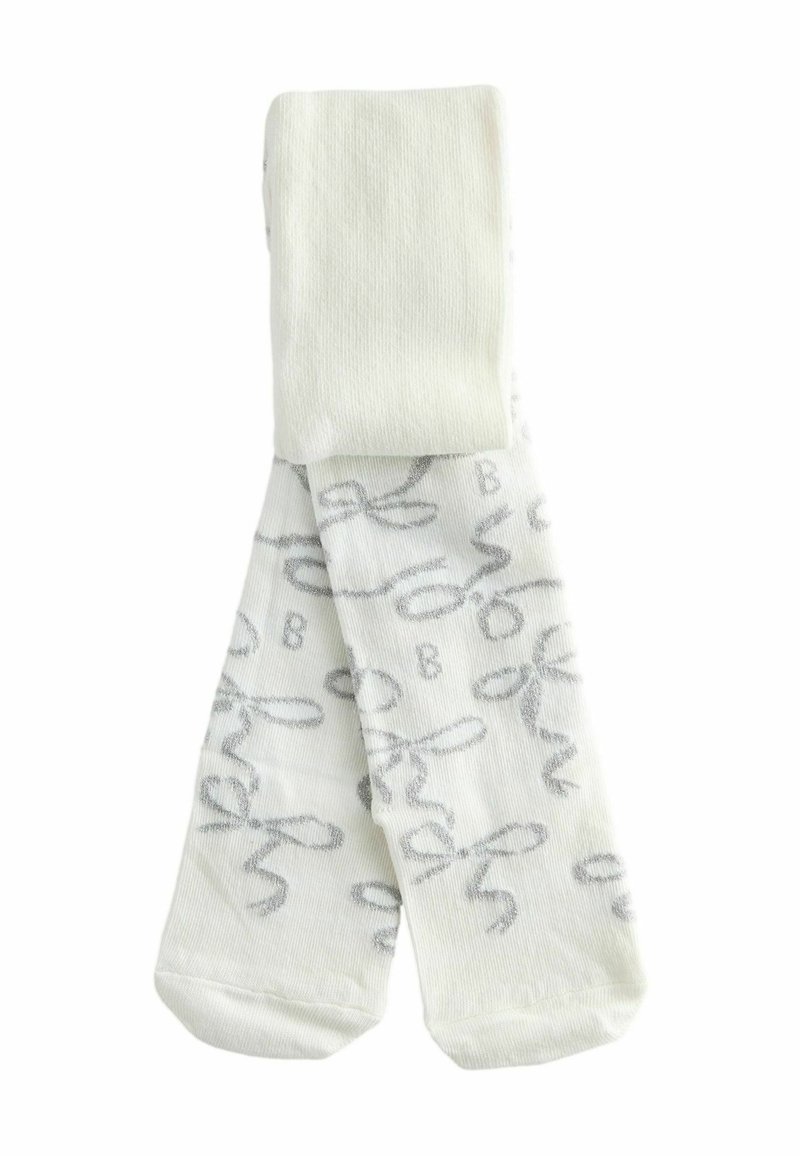 Pantis blancas con patrones en escritura cursiva gris, dobladas sobre un fondo blanco.