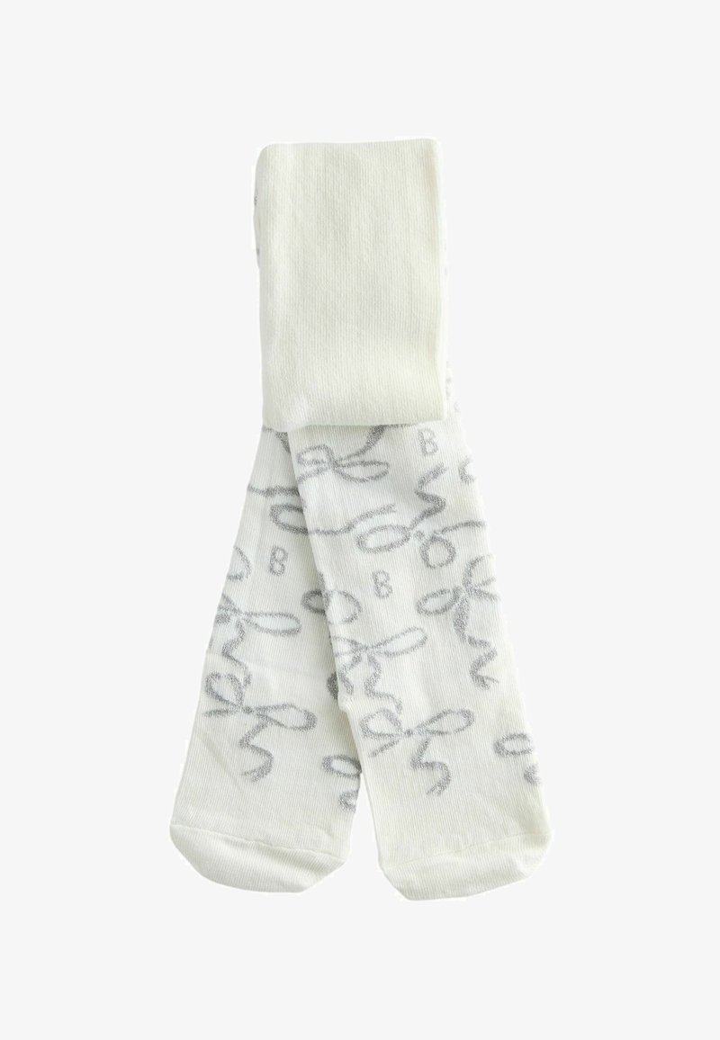 Biele pančuchy s šedými zakrivenými vzormi zložené na bielom pozadí.