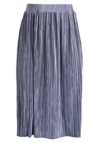 Gonna midi plissè in tessuto blu scuro, con una vita ampia e righe verticali per texture e dettagli di design.
