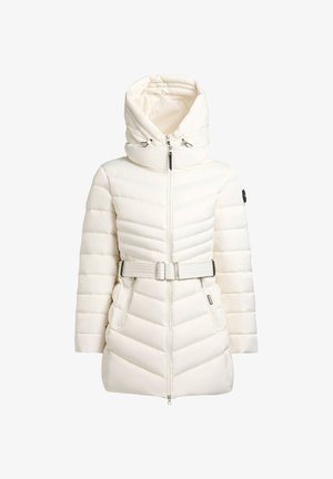 Giubbotto imbottito bianco con vita regolabile, colletto alto e cappuccio adattabile. Presenta una trapuntatura diagonale e tasche con zip.