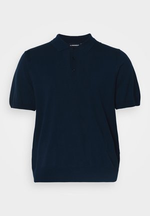 Marineblauwe polo shirt van gebreide stof, met een klassieke kraag, korte mouwen en een placket met drie knopen en een gladde textuur.