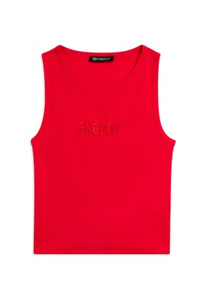 Top corto senza maniche rosso con scollo arrotondato e logo "FREDDY" in rilievo al centro del petto.