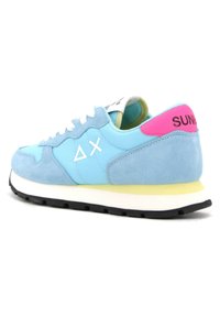 Blue and yellow sneaker with white laces, suede details, pink heel tab with "SUN" text, and white geometric symbols on side.